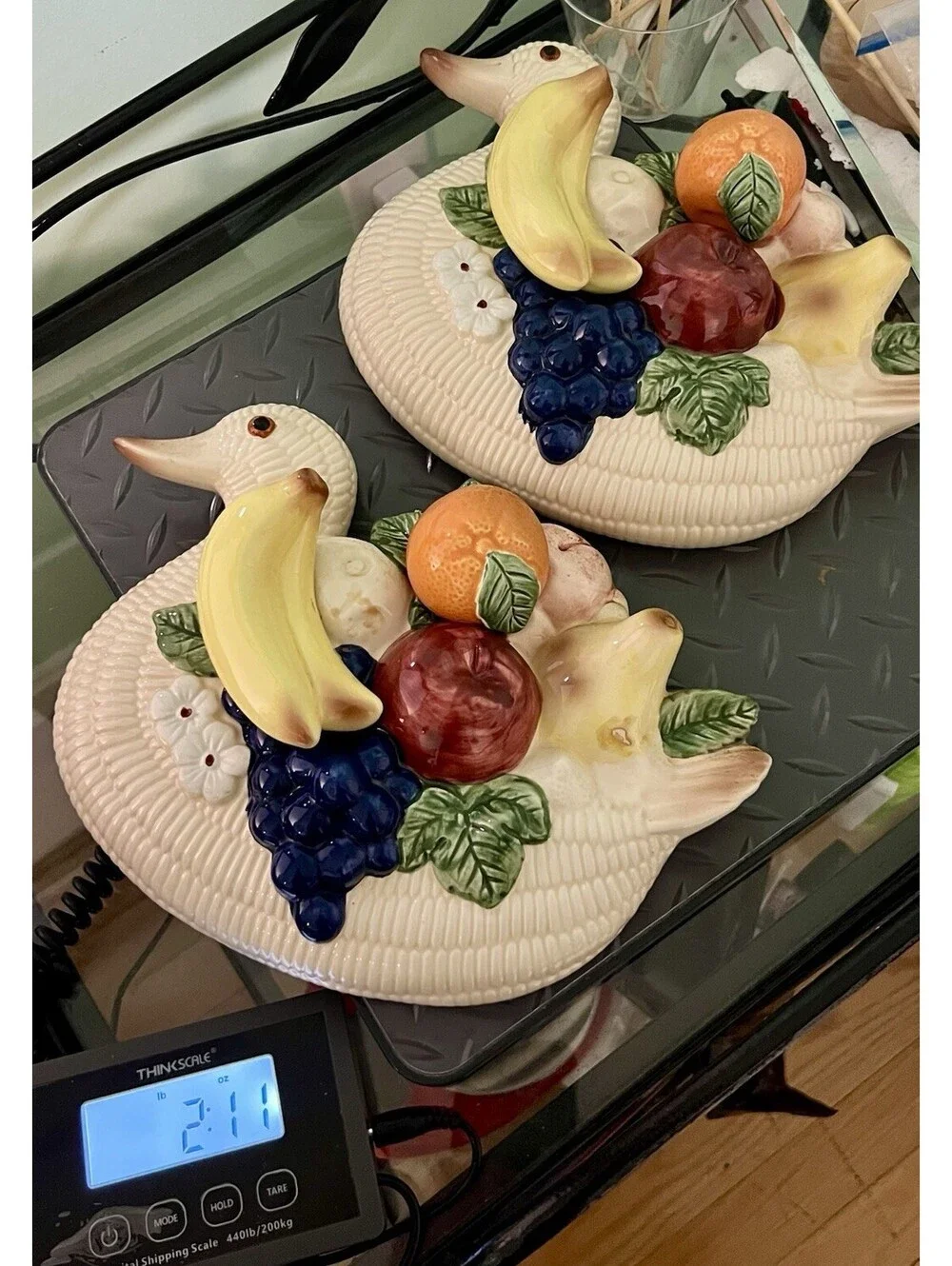 Vintage 1960s Set Of 2 Ceramic Duck Fruit Wall Plaques Decor, 10x8”